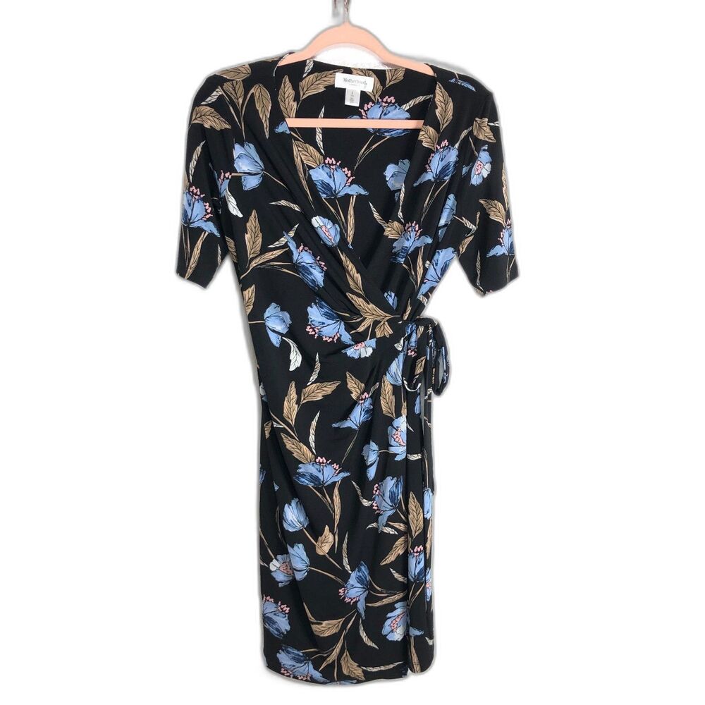 Motherhood Maternity Black with Pastel Blue Flower Leaves Wrap Dress Size Small